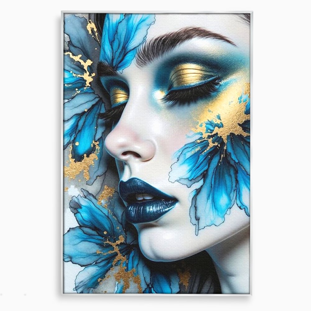 Tablou canvas cu tablou canvas cu portret feminin si flori albastre, in rama de aluminiu argintiu